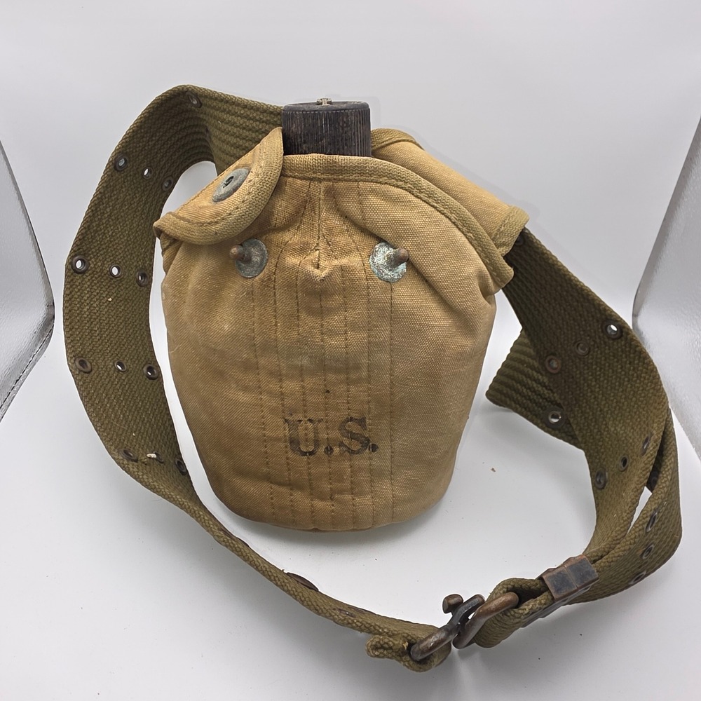 Vintage US Military Aluminum Canteen‎ with Canvas Cover and Web Belt Set